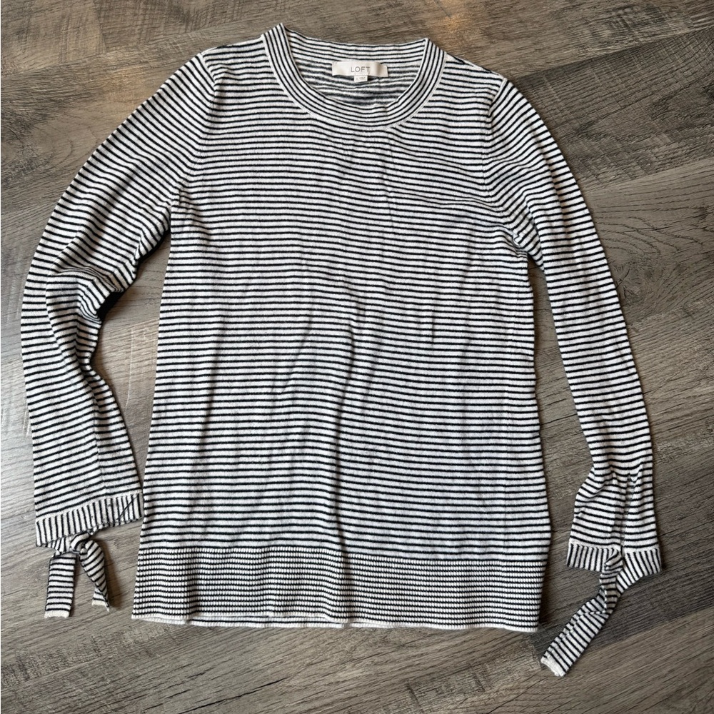 LOFT Black and White Striped Blouse with Tie Sleeves